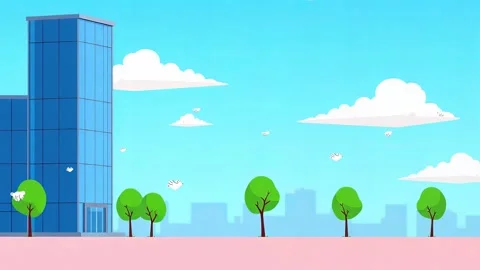 Sky Building Cartoon Tree Green Blue See Trees Over Blue Over Cartoon Stock Footage 307979617