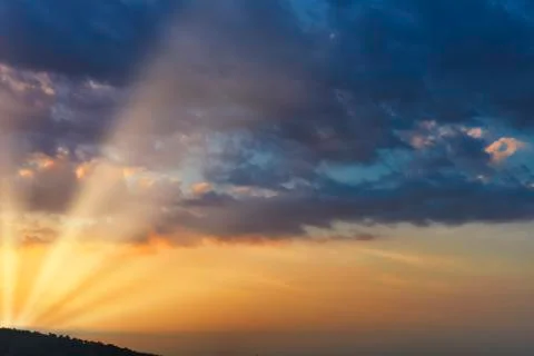 Sky with cloud and sun ray yellow and blue color background. With copy space  Stock Photos