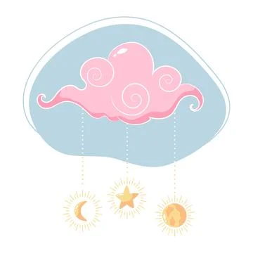 Sky cloud doodle decoration with star, crescent and planet pendants Ilustração Stock