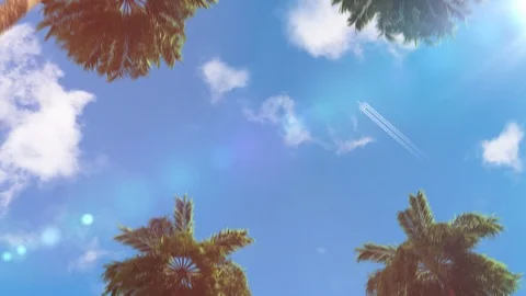 Sky with clouds and a flying airplane 3d animation on a tourist theme Stock Footage 116791099