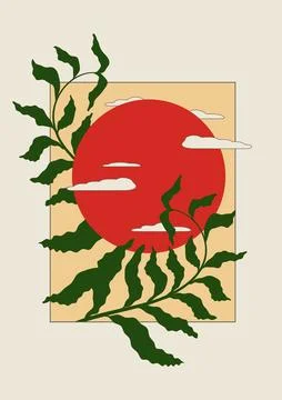 Sky with clouds and red sun illustration minimalist poster. Mid century modern Stock Illustration