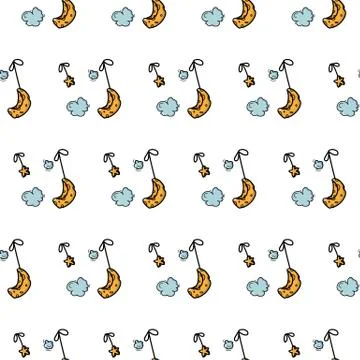 Sky in the clouds hand-drawn seamless pattern. Juicy yellow stars with a sad Stock Illustration