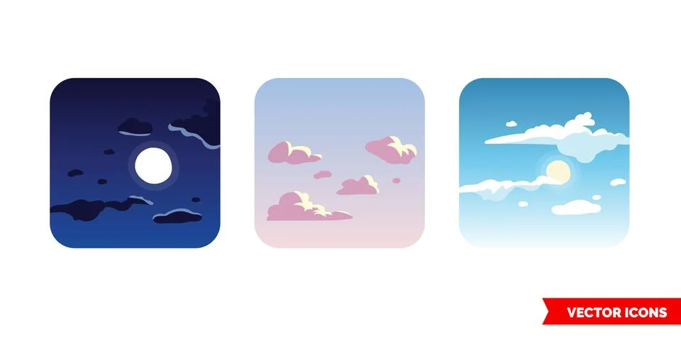 Sky clouds icon of 3 types night, day and sunset. Isolated vector sign symbol Stock Illustration