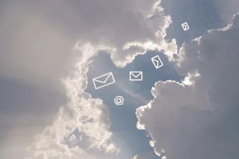 Sky with clouds with message and mail symbols in the middle Stock Illustration