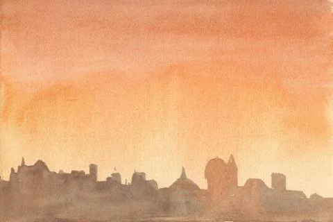 The sky with clouds over the city. Evening. Abstract orange watercolor backgr Stock Illustration