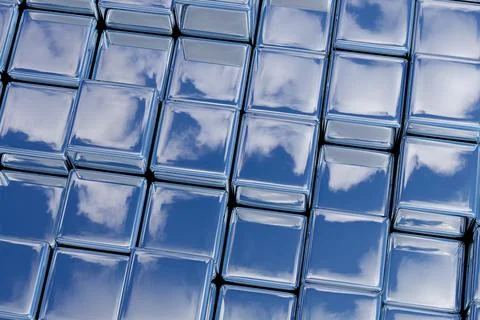 Sky with clouds reflected on shiny cubes. 3d illustration. Stock Photos