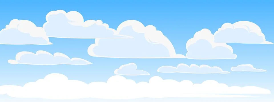 Sky clouds vector. Illustration in cartoon style flat design. Heavenly atmosp Stock Illustration