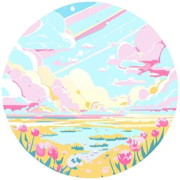 Sky clouds view outside circle window flower field fresh lovely garden vecto Stockillustratie
