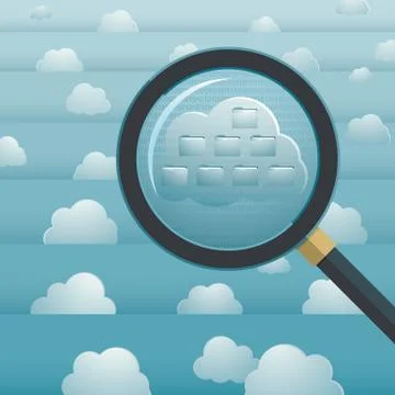 Sky computing concept, with stratified sky, clouds and a loupe showing folder Stock Illustration