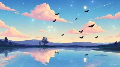 Sky Design Trees Water Night cartoon Designed with cartoon trees and sky with r Video stock 306505375