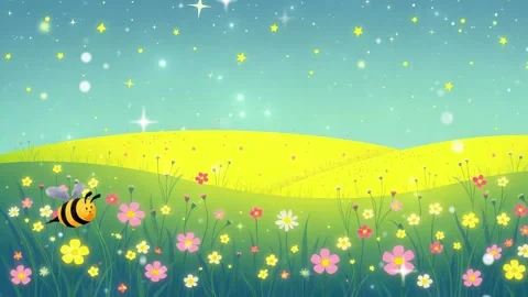 Sky Flower and bee: Bee Fly Around A Field Full of Flower and Sparkles The Sky. Stock Footage 306505236