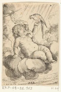 Sky; The four elements; AER. A nude little boy is sitting on a cloud and h... Stock Photos