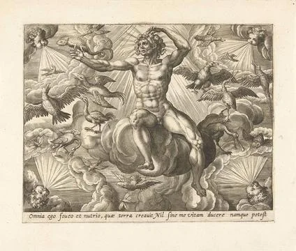 Sky; The four elements. The element air, personalized by a naked man sitti... Foto stock