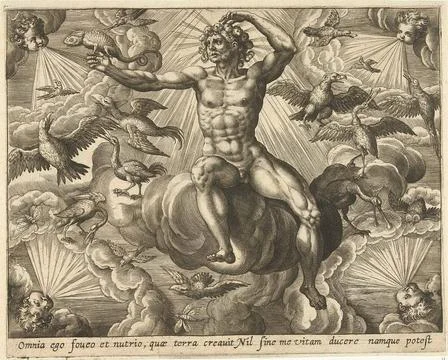 Sky; The four elements. The element air, personalized by a naked man sitti... Stock Photos