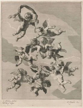 Sky; The four elements. Flying putti in the air. Print from a series of th... Stock Photos