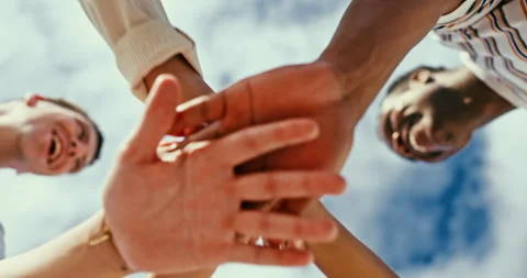 Sky, friends and stack of hand for team building, partnership and trust in Stock Footage 267145985