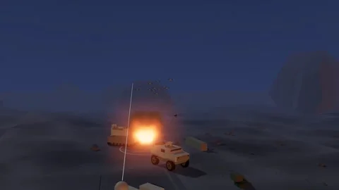 Sky full of drones above a burning site at dusk Stock Footage 342391414