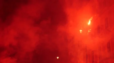 Sky full of smoke form flares, war on the streets, right wing riots Stock Footage 66569883