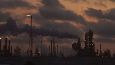Sky hidden by dark thick smoke clouds from refinery factory Stock Footage 115847837
