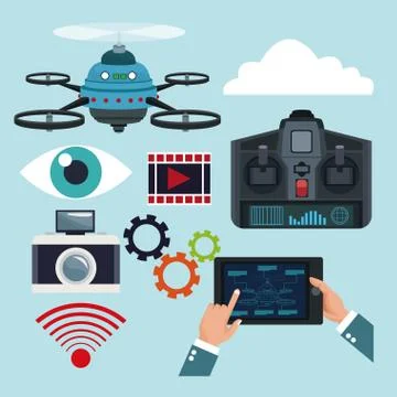 Sky landscape background set elements quadrocopters and remote control drones Illustrazione stock