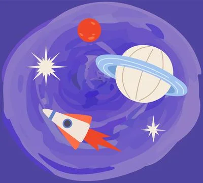 Sky landscape with rocket and planets. Spaceship flying among celestial objects 库存插图