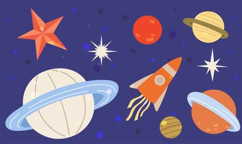 Sky landscape with rocket and planets. Spaceship flying among celestial objects 库存插图