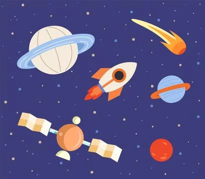 Sky landscape with rocket and planets. Spaceship flying among celestial objects 库存插图