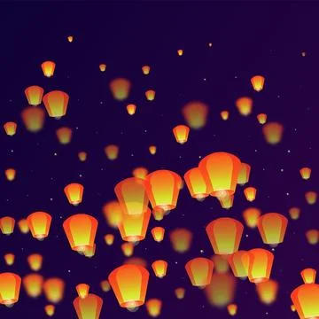 Sky lanterns floating in the night sky. Stock Illustration