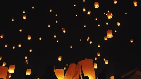 Sky lanterns, flying lanterns, floating lanterns in Loy Krathong Festival. Stock Footage 163829689