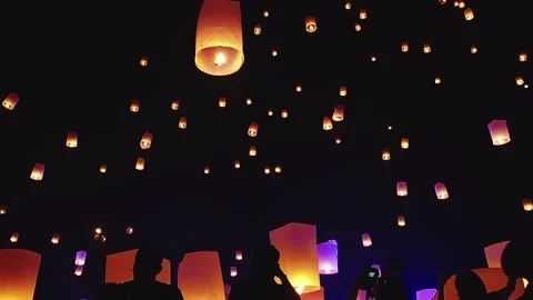 Sky lanterns, flying lanterns, floating lanterns, Loy Krathong Festival. Stock Footage 247399338