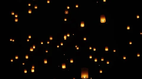 Sky Lanterns (Khom Loi) Flying In The Sky At Night During Yi Peng Lantern Stock Footage 295252837