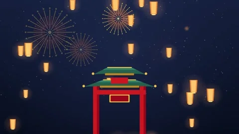 Sky lanterns rising and fireworks over a Chinese gate at night Vídeos de archivo 348257528