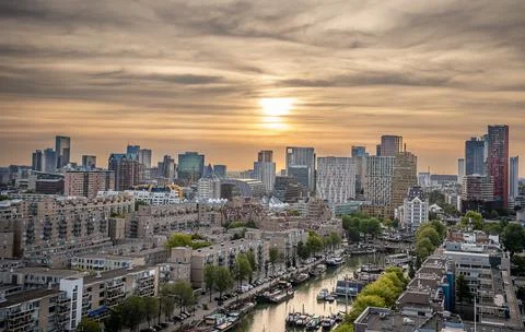 Sky line of Rotterdam, Netherlands at sunset Stock Photos