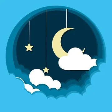 Sky at night with clouds and a moon Paper art style Vector Stock Illustration