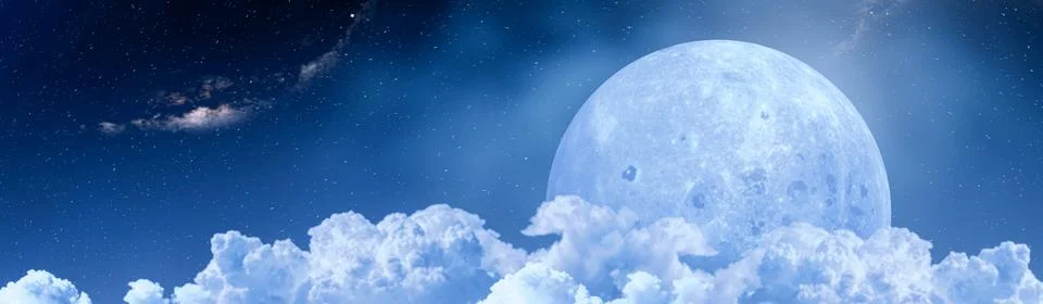 The sky or space has a large moon. Cumulus clouds cover the large lunar sur.. Illustrazione stock