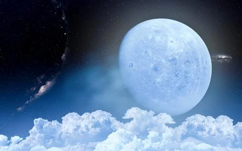 The sky or space has a large moon. Cumulus clouds cover the large lunar sur.. Stock Illustration