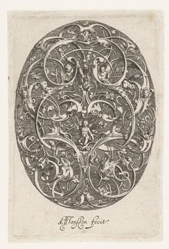 Sky; Oval with the four elements. Oval with ornamental towers and leaf ref... Foto stock