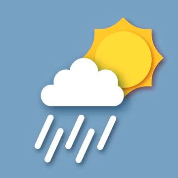 Sky with rainy clouds, sun and rain drops. Paper cut Weather. Stock Illustration