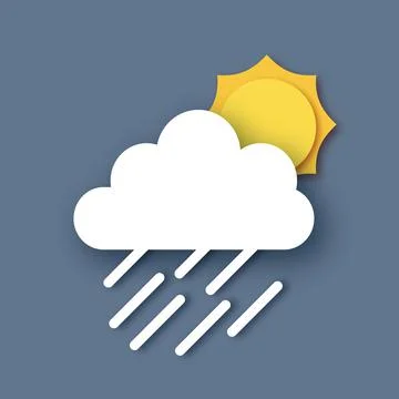 Sky with rainy clouds, sun and rain drops. Paper cut Weather. Stock Illustration