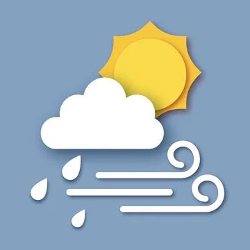 Sky with rainy clouds, sun and rain drops. Wind. Paper cut Weather. Stock Illustration