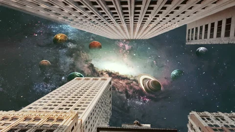 Sky replacement effect, buildings, skyscrapers, planets in space, dramatic Stock Footage 157299120