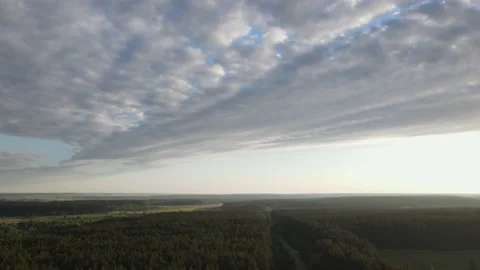 Sky, road, forest, sunset soft light. Cinematic drone shot. 스톡 동영상 230705031