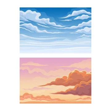 Sky Scene with Clouds Drifting Across It and Staying Still Vector Set Stock Illustration