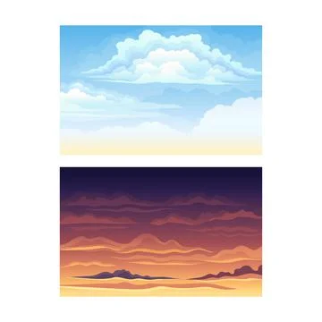Sky Scene with Clouds Drifting Across It and Staying Still Vector Set Stock Illustration