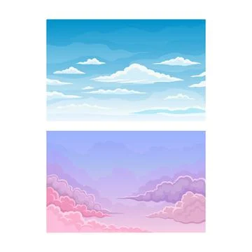 Sky Scene with Clouds Drifting Across It and Staying Still Vector Set Stock Illustration