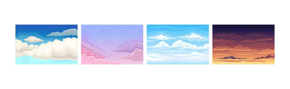 Sky Scene with Clouds Drifting Across It and Staying Still Vector Set Stock Illustration