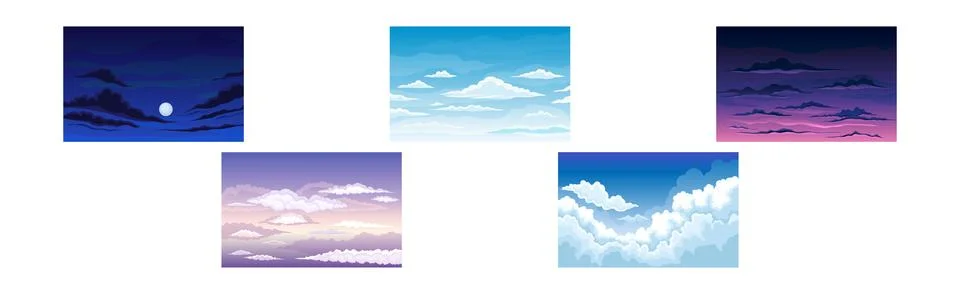 Sky Scene with Clouds Drifting Across It and Staying Still Vector Set Stock Illustration