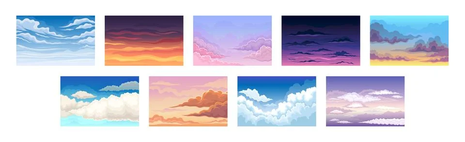 Sky Scene with Clouds Drifting Across It and Staying Still Vector Set Illustrazione stock