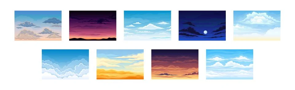 Sky Scene with Clouds Drifting Across It and Staying Still Vector Set Stock Illustration
