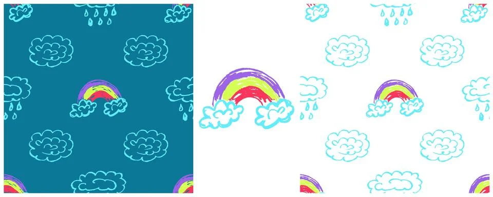 Sky seamless pattern. Set drawings with wax crayons. Clouds, rainbow. Print f Stock Illustration